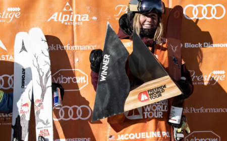 HAZEL BIRNBAUM ON THE PODIUM OF THE FREERIDE WORLD TOUR IN KICKING HORSE