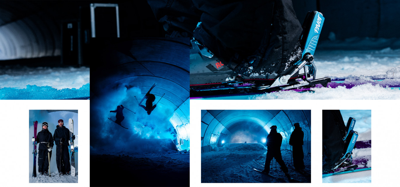  Plusieurs photos d'Astrid Cheylus et Mateo Socquet dans un tunnel de glace. Il y a des effets de lumière avec un éclairage bleu et de la fumée 