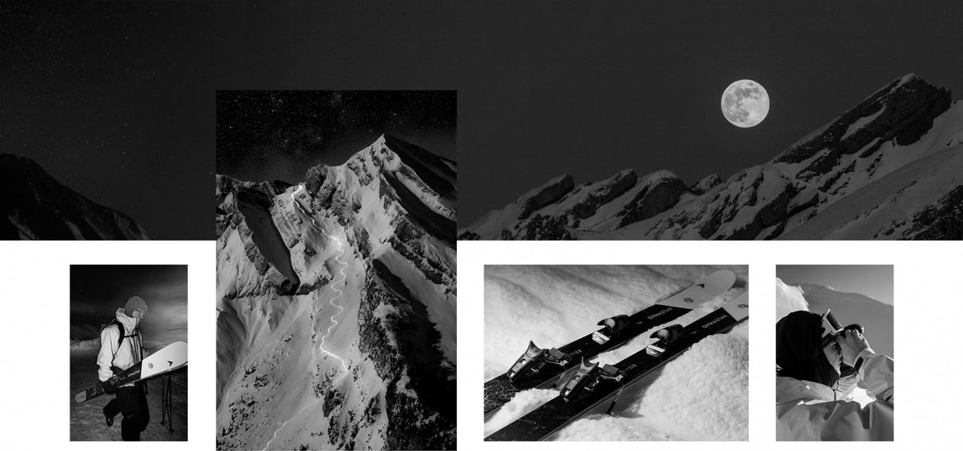  Plusieurs photos d'Edgar, de nuit, sur une face enneigée. Il y a un filtre noir et blanc pour faire ressortir une ambiance sombre. 