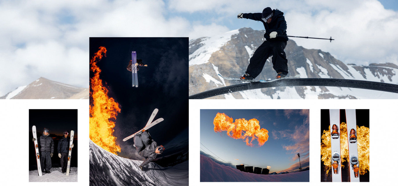  Photoshoot avec Mike Rageth et Kadi Gomis. Ils font des figures en ski et un lance flamme est activé en arrière plan pour donner un effet de feu. 
